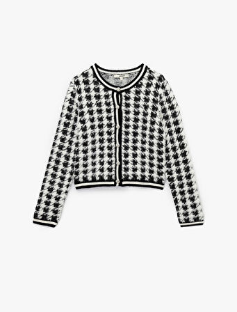 Uzun Kollu Yuvarlak Yaka Kazayağı Desenli Düğmeli Peluş Hırka