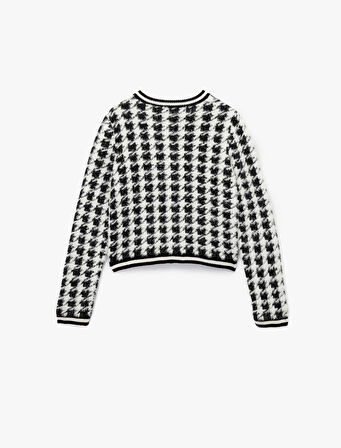 Uzun Kollu Yuvarlak Yaka Kazayağı Desenli Düğmeli Peluş Hırka