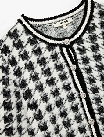 Uzun Kollu Yuvarlak Yaka Kazayağı Desenli Düğmeli Peluş Hırka