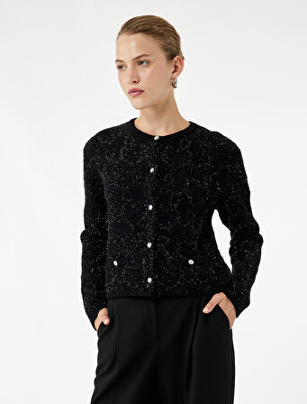 Düğmeli Uzun Kollu Metalik İplik Detaylı Triko Hırka