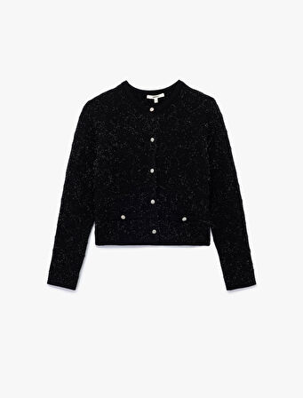 Düğmeli Uzun Kollu Metalik İplik Detaylı Triko Hırka