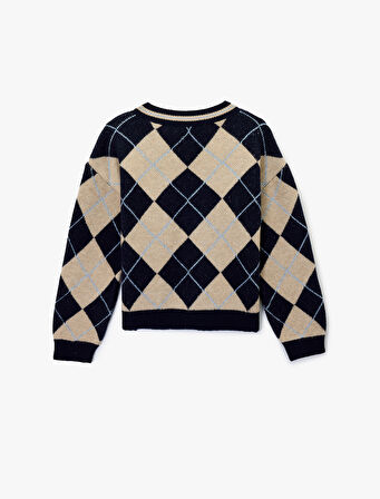 Uzun Kollu V Yaka Baklava Desenli Triko Kazak