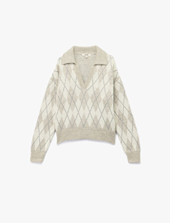 Uzun Kollu Baklava Desenli Polo Yaka Triko Oversize Kazak