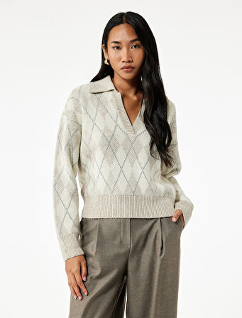 Uzun Kollu Baklava Desenli Polo Yaka Triko Oversize Kazak