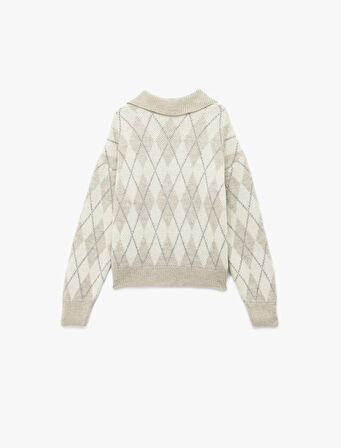 Uzun Kollu Baklava Desenli Polo Yaka Triko Oversize Kazak