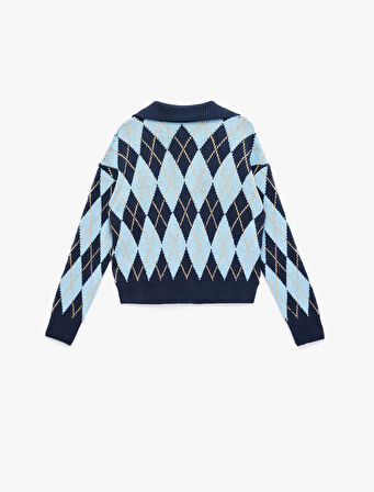 Uzun Kollu Baklava Desenli Polo Yaka Triko Oversize Kazak