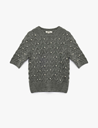 İnci İşleme Detaylı Kısa Kollu Bisiklet Yaka Saç Örgü Kazak