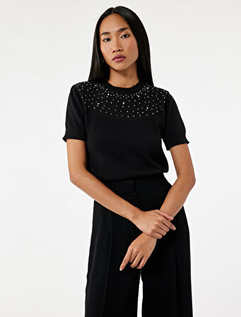 Kısa Kollu Bisiklet Yaka Taşlı Triko Kazak