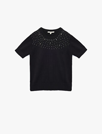 Kısa Kollu Bisiklet Yaka Taşlı Triko Kazak