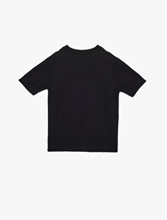 Kısa Kollu Bisiklet Yaka Taşlı Triko Kazak