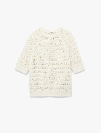 Kısa Kollu Bisiklet Yaka Boncuk İşlemeli Ajurlu Örgü Kazak