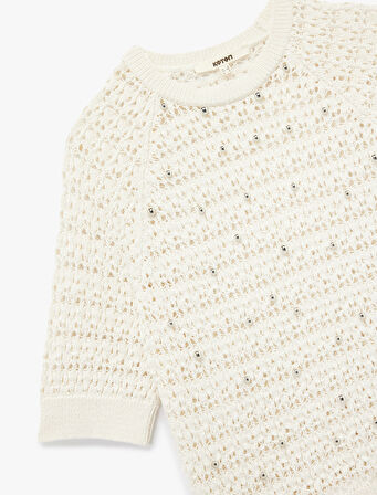 Kısa Kollu Bisiklet Yaka Boncuk İşlemeli Ajurlu Örgü Kazak