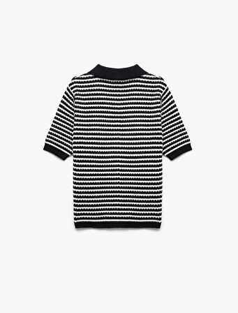 Kısa Kollu Çizgili Düğmeli Triko Polo Yaka Kazak