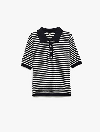 Kısa Kollu Çizgili Düğmeli Triko Polo Yaka Kazak