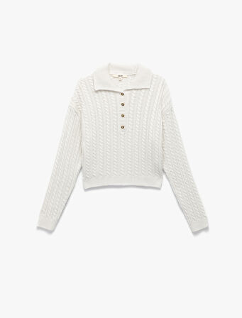 Regular Fit Uzun Kollu Düğmeli Saç Örgü Polo Yaka Kazak