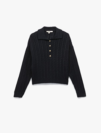 Regular Fit Uzun Kollu Düğmeli Saç Örgü Polo Yaka Kazak