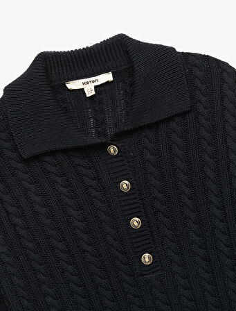 Regular Fit Uzun Kollu Düğmeli Saç Örgü Polo Yaka Kazak