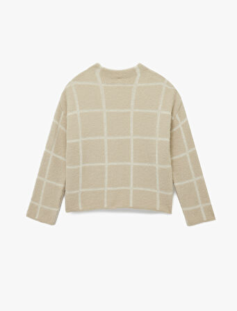 Uzun Kollu Dik Yaka Kareli Triko Peluş Kazak