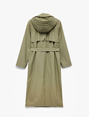 Düğmeli Kemer Detaylı Kruvaze Yaka Çıkarılabilir Kapüşonlu Uzun Trençkot