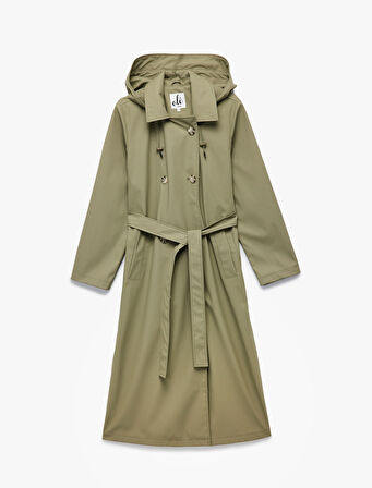 Düğmeli Kemer Detaylı Kruvaze Yaka Çıkarılabilir Kapüşonlu Uzun Trençkot
