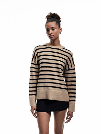 Çizgili Bisiklet Yaka Triko Kazak