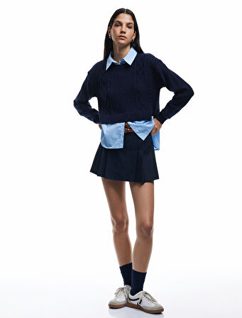 Uzun Kollu Gömlek Yaka Saç Örgü Dokulu Viskon Karışımlı Kazak