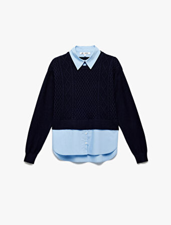 Uzun Kollu Gömlek Yaka Saç Örgü Dokulu Viskon Karışımlı Kazak