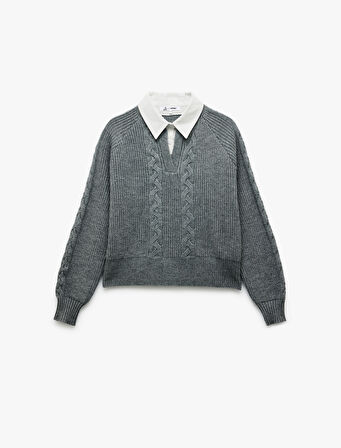 Uzun Kollu Gömlek Yaka Saç Örgü Dokulu Triko Kazak