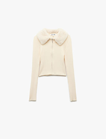 Viskon Karışımlı Suni Kürk Yakalı Uzun Kollu Fermuarlı Triko Hırka