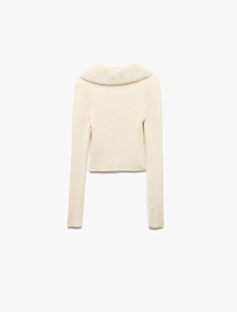 Viskon Karışımlı Suni Kürk Yakalı Uzun Kollu Fermuarlı Triko Hırka