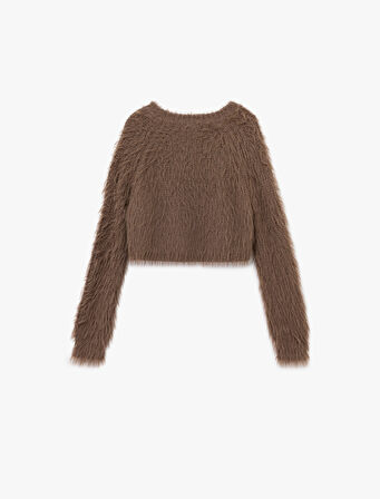 Bisiklet Yaka Uzun Kollu Peluş Crop Kazak