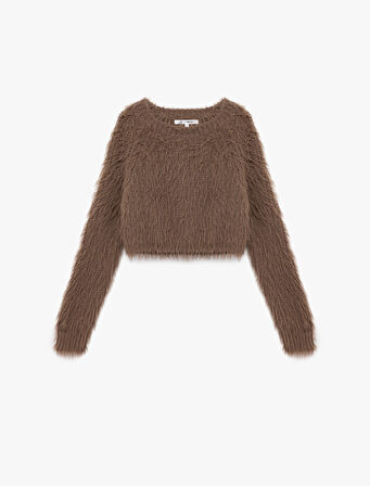 Bisiklet Yaka Uzun Kollu Peluş Crop Kazak