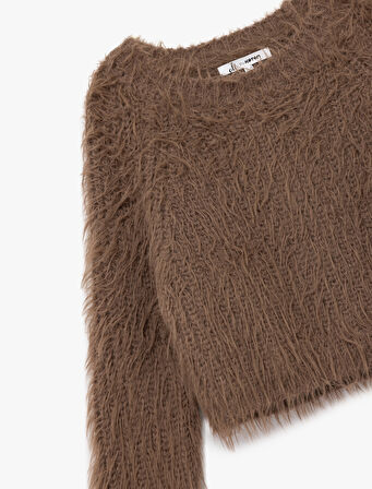 Bisiklet Yaka Uzun Kollu Peluş Crop Kazak