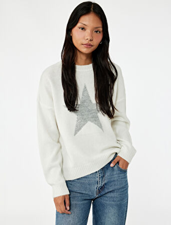 Yıldız Desenli Uzun Kollu Bisiklet Yaka Triko Kazak