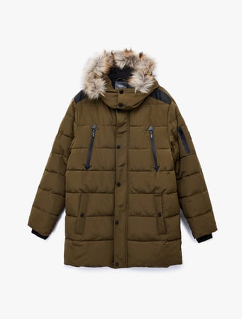 Uzun Kollu Fermuarlı Cep Detaylı Slim Fit Suni Kürk Kapüşonlu Parka