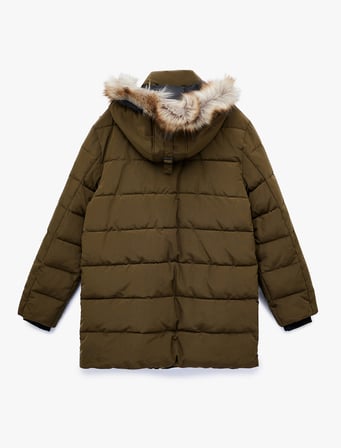 Uzun Kollu Fermuarlı Cep Detaylı Slim Fit Suni Kürk Kapüşonlu Parka