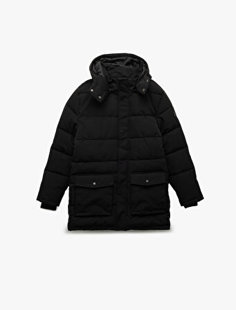 Kapşonlu Çıtçıt Düğmeli Kapaklı Cep Detaylı Şişme Mont