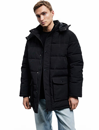 Kapşonlu Çıtçıt Düğmeli Kapaklı Cep Detaylı Şişme Mont