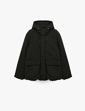 Çıtçıt Düğme Detaylı Fermuarlı Cepli Kapüşonlu Şişme Ceket