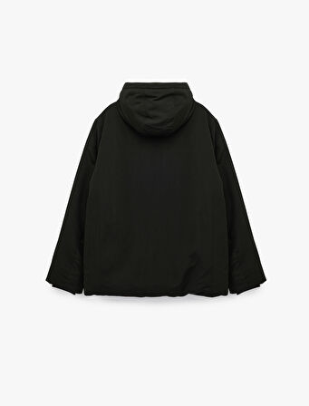 Çıtçıt Düğme Detaylı Fermuarlı Cepli Kapüşonlu Şişme Ceket