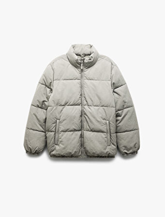 Dik Yaka Cep Detaylı Fermuarlı Kışlık Şişme Mont