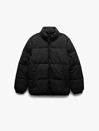 Dik Yaka Cep Detaylı Fermuarlı Kışlık Şişme Mont