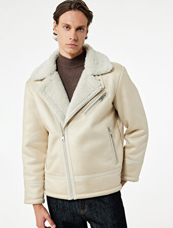 Fermuarlı Cep Detaylı Slim Fit Peluş Yaka Kışlık Suni Deri Ceket