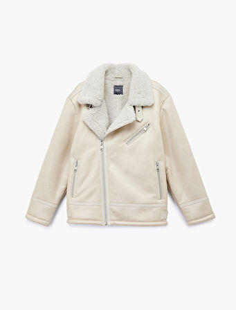 Fermuarlı Cep Detaylı Slim Fit Peluş Yaka Kışlık Suni Deri Ceket