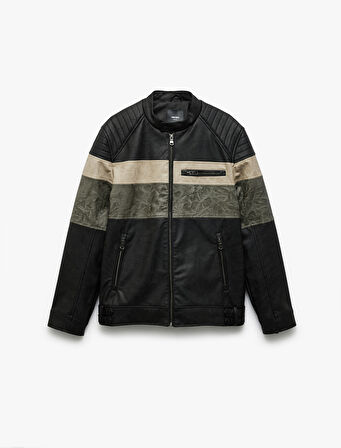 Fermuar Detaylı Cepli Hakim Yaka Uzun Kollu Deri Ceket