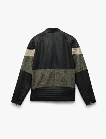 Fermuar Detaylı Cepli Hakim Yaka Uzun Kollu Deri Ceket