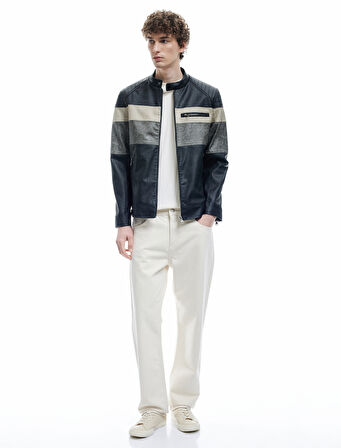 Fermuar Detaylı Cepli Hakim Yaka Uzun Kollu Deri Ceket