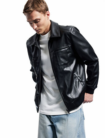 Slim Fit Gömlek Yaka Fermuarlı Cep Detaylı Suni Deri Ceket