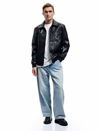 Slim Fit Gömlek Yaka Fermuarlı Cep Detaylı Suni Deri Ceket