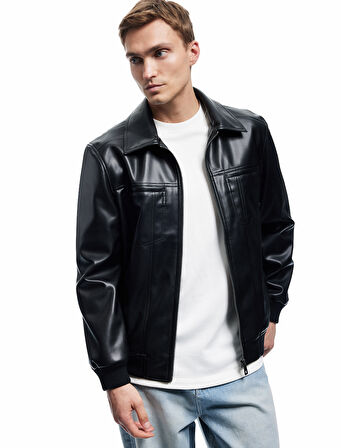 Slim Fit Gömlek Yaka Fermuarlı Cep Detaylı Suni Deri Ceket